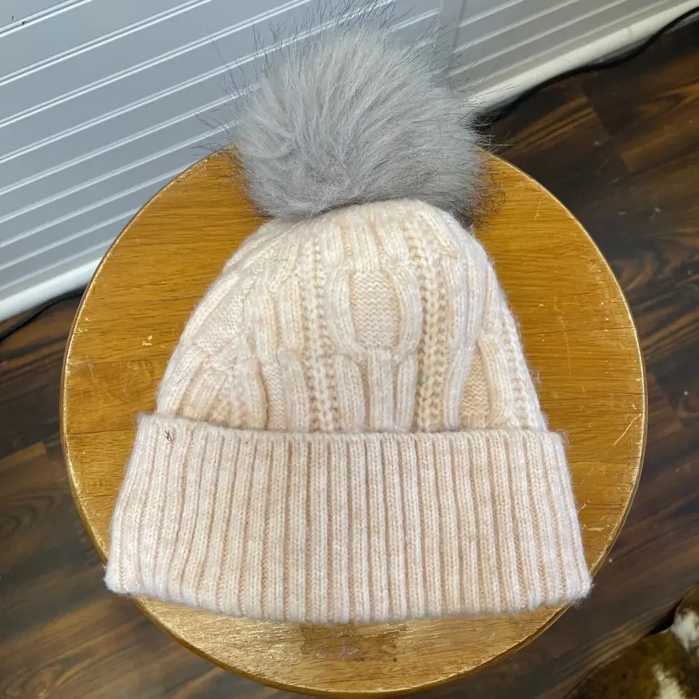 Calvin Klein Faux Fur Pom Pom Cable Knit Lined Beanie